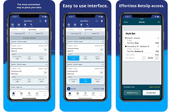 Three screenshots of the SportPesa app interface showing an easy-to-use layout for placing bets, accessing betslips, and managing multiple bets on a mobile device.